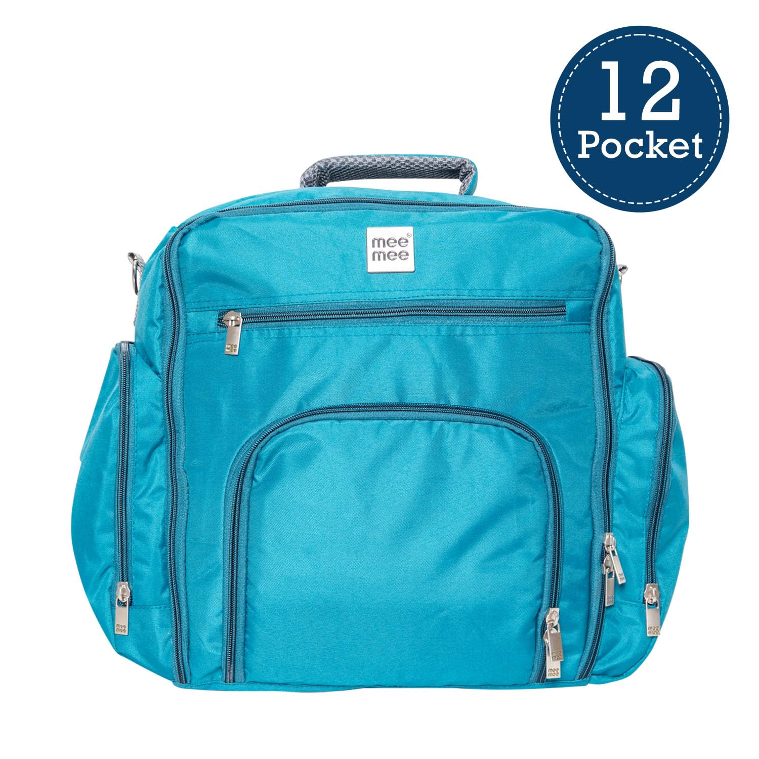 Front view of a blue textured messenger-style diaper bag with various compartments and a Mee Mee brand label. www.usmile.toys